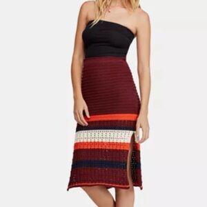 Free People Far From Here Maroon Combo Chunky Crochet Boho Midi Skirt Size Large